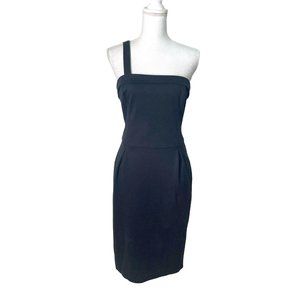 French Connection Sz 6 One Shoulder Mini Dress Black Knit Pleats Cuffed Bust